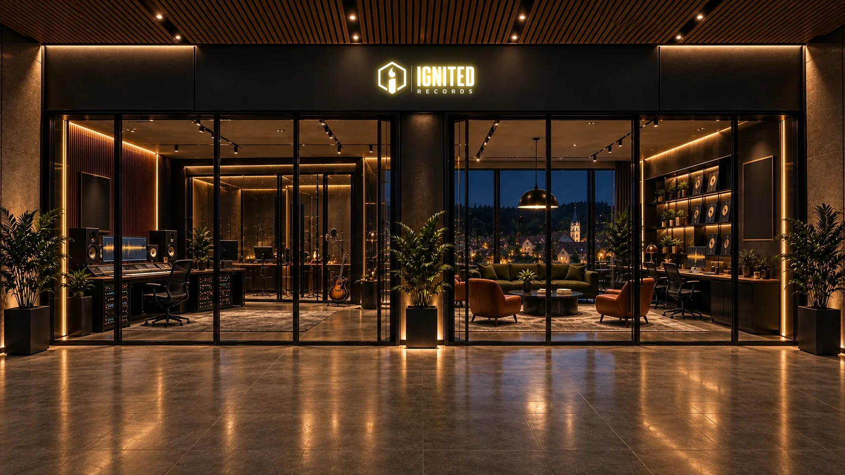 Level 02 des ACTIVATED Towers bei Nacht: IGNITED-Studio, Listening-Lounge und Label-Arbeitsplatz in warmem Goldlicht hinter einer schwarzen Stahl-Glas-Front, dahinter die Kleinstadt.