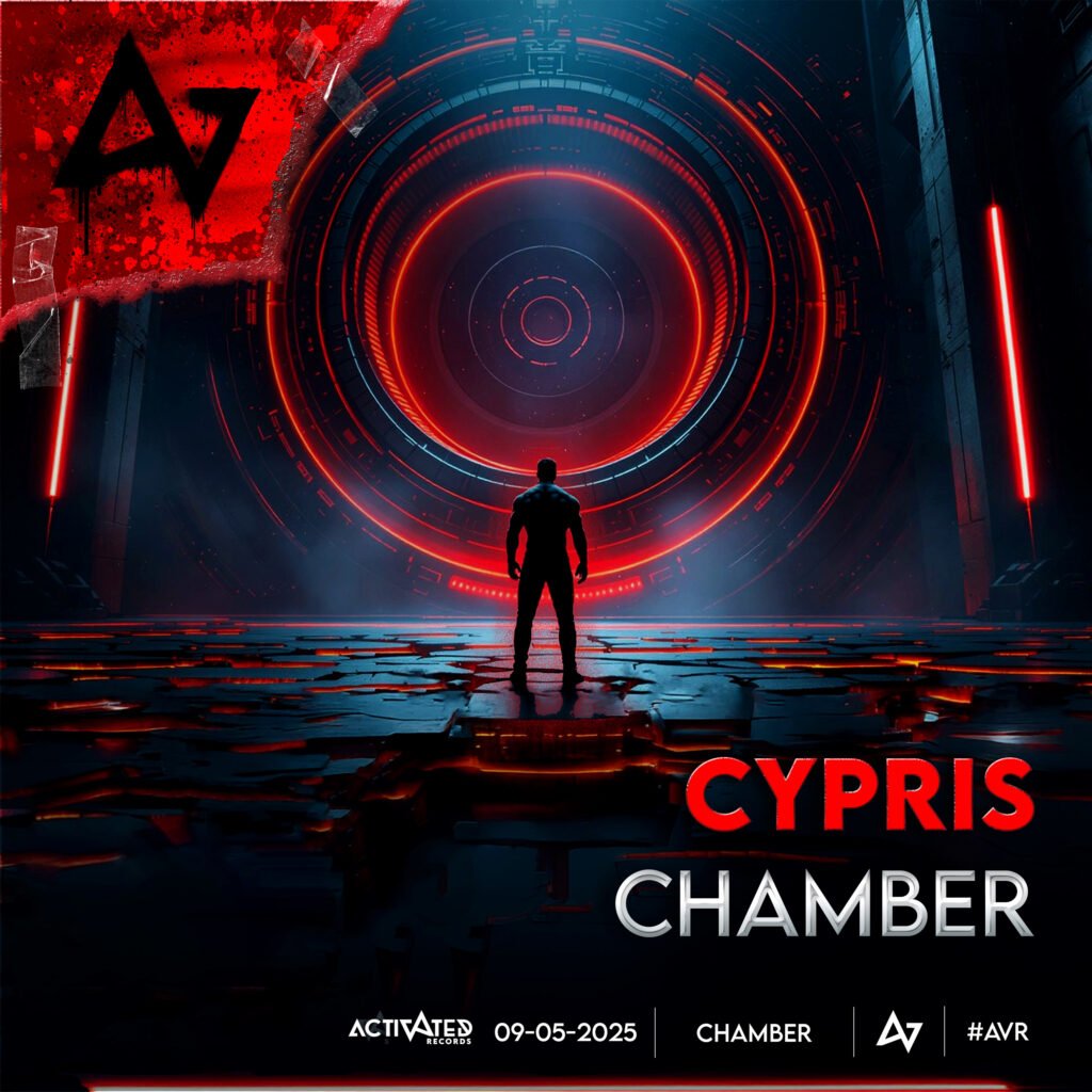 Futuristic music album cover for Cypris titled Chamber, featuring a silhouetted figure in front of a glowing red sci-fi portal, released by Activated Records on May 9, 2025.