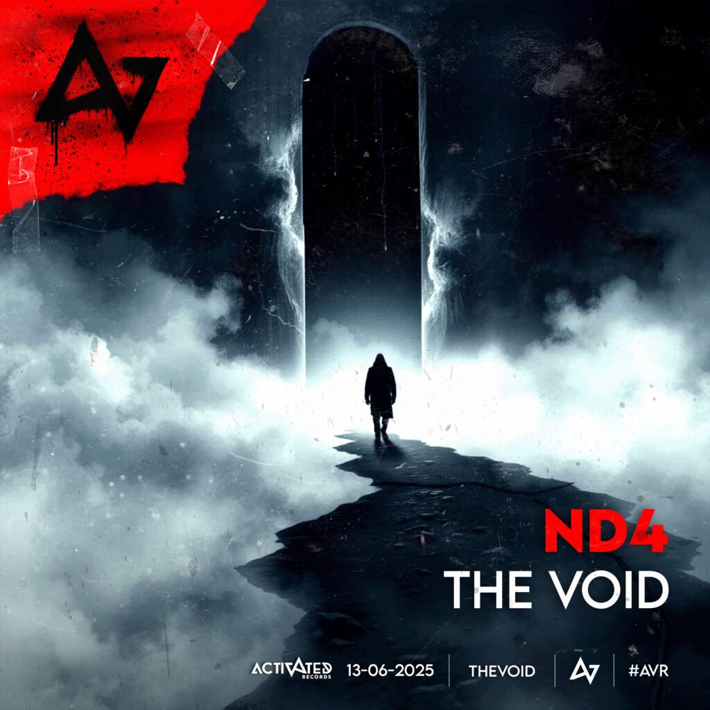 ND4 The Void album cover featuring a silhouette walking toward a dark portal through a misty, dramatic landscape, released by Activated Records