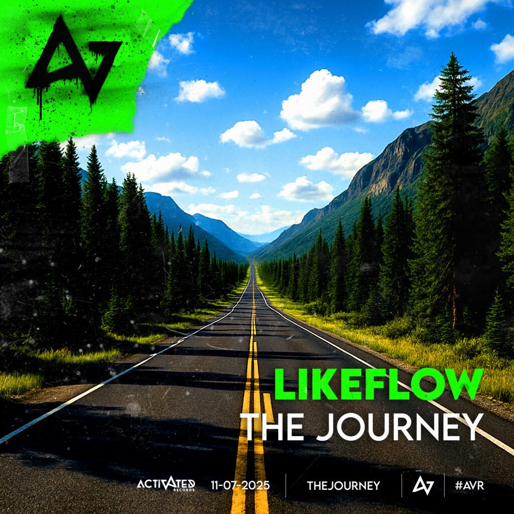 Straight mountain road with forest and blue sky promoting LIKEFLOW’s album The Journey, released by Activated Records on July 11, 2025.