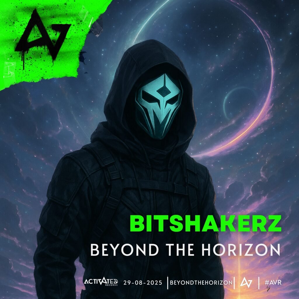 Album cover artwork for Bitshakerz – Beyond the Horizon (2025 release by Activated Records), featuring a hooded figure with a futuristic glowing mask against a cosmic space background with planets.