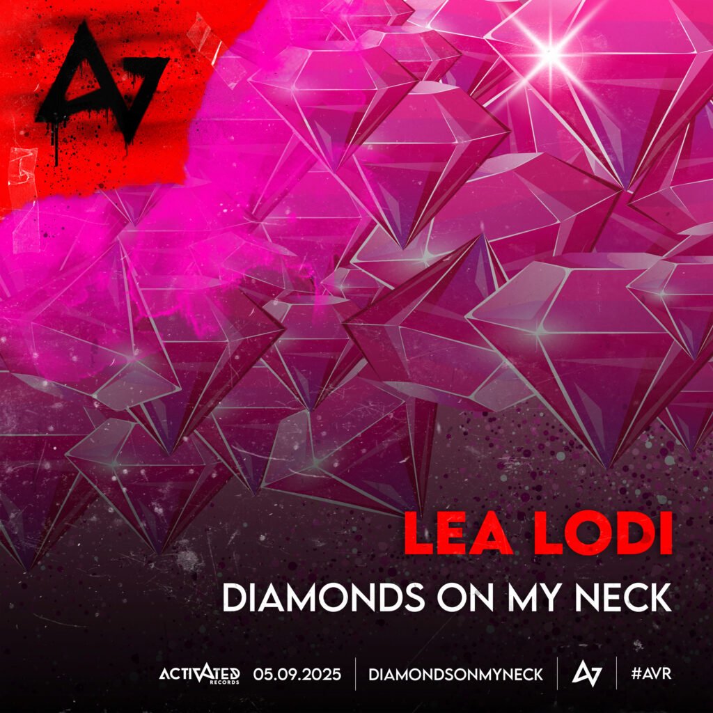 Album cover artwork for Lea Lodi – Diamonds on My Neck (2025 release by Activated Records), featuring vibrant pink and purple diamond graphics with a glowing gem effect.
