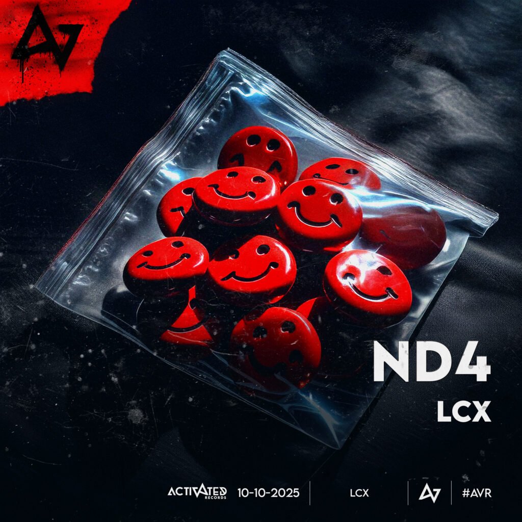 Album cover artwork for ND4 – LCX (2025 release by Activated Records), featuring a transparent plastic bag filled with red smiley-face pills against a dark background.