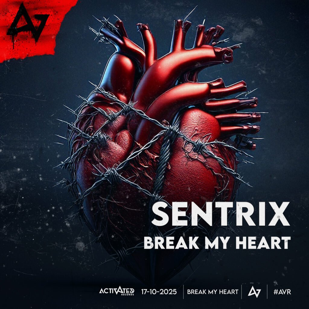 Cover artwork for Sentrix – Break My Heart (2025 release on Activated Records), showing a realistic human heart wrapped tightly in barbed wire against a dark background.